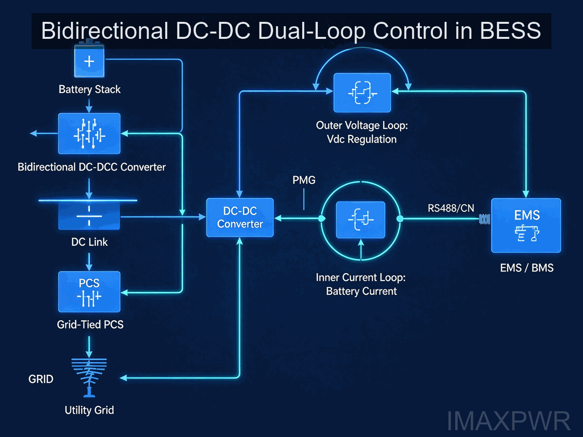 Bidirectional DC-DC converter dual-loop control block diagram for BESS — outer voltage loop and inner current loop