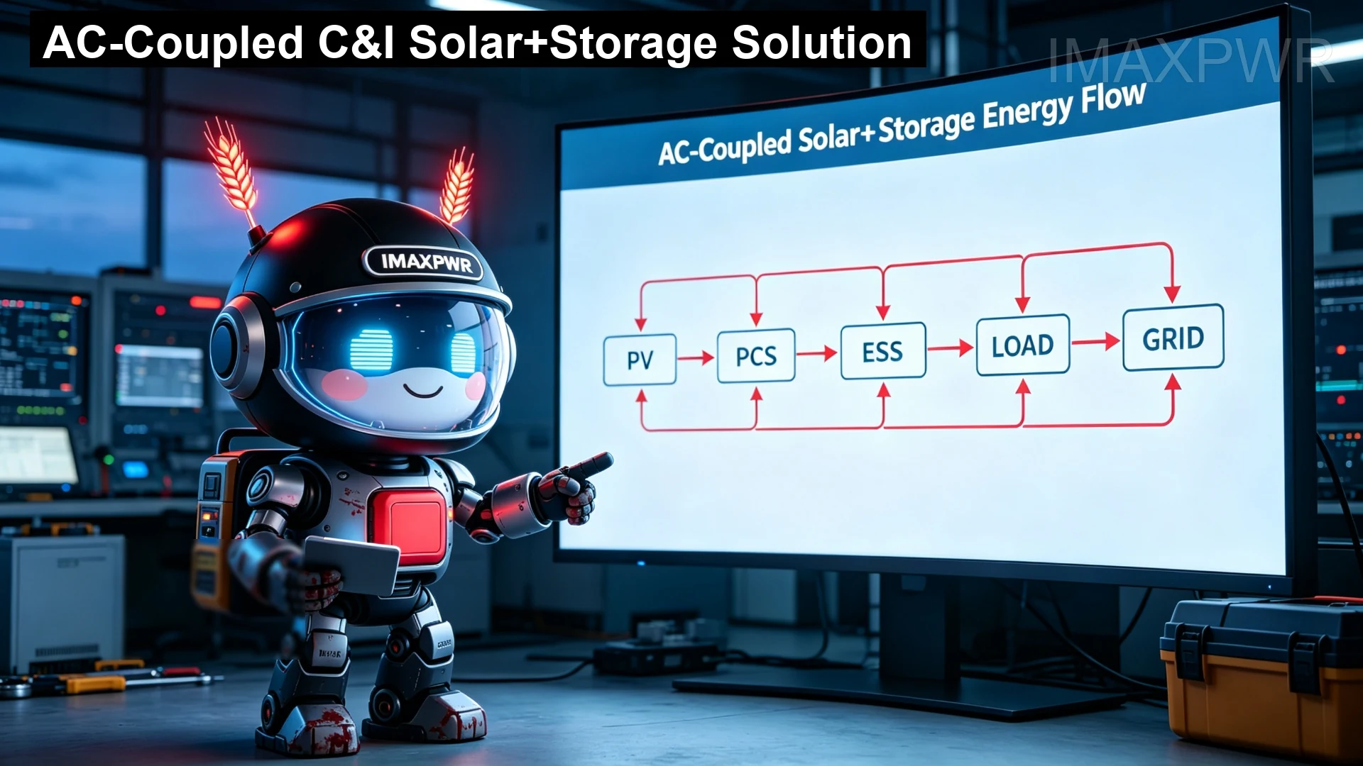 AC-coupled C&I solar+storage: PV inverters and storage PCS on a shared AC bus under EMS control
