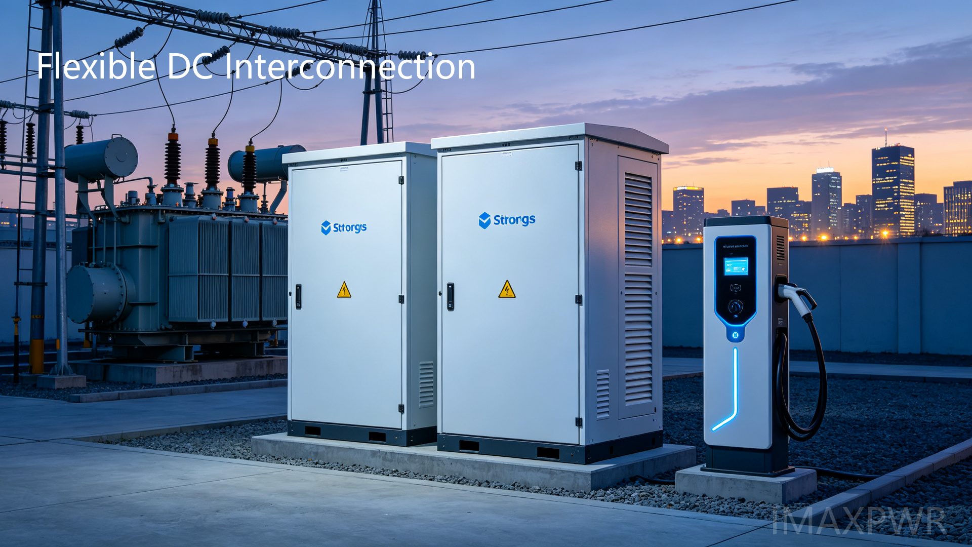 ImaxPWR flexible DC interconnection of two LV distribution feeders with PCS, storage cabinet and V2G charger on a common DC bus
