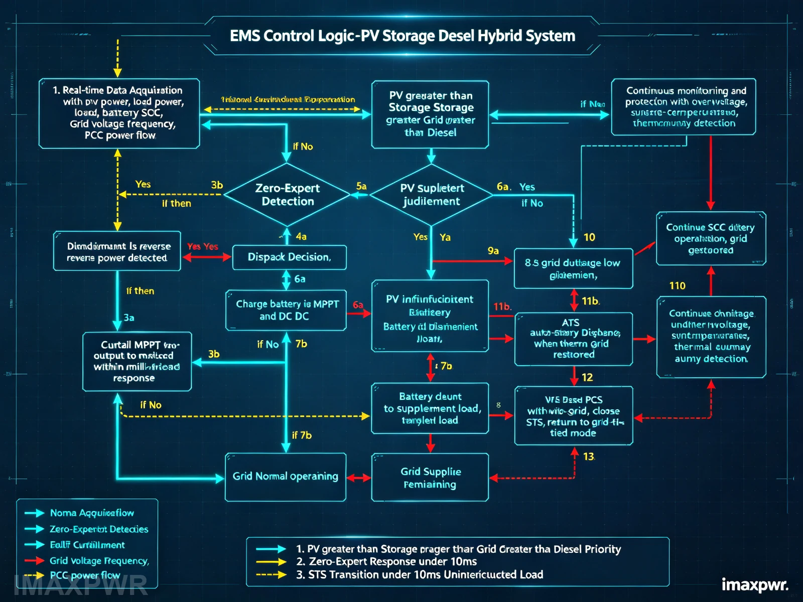 EMS control logic flowchart for PV storage diesel hybrid system with zero export and grid off-grid switching