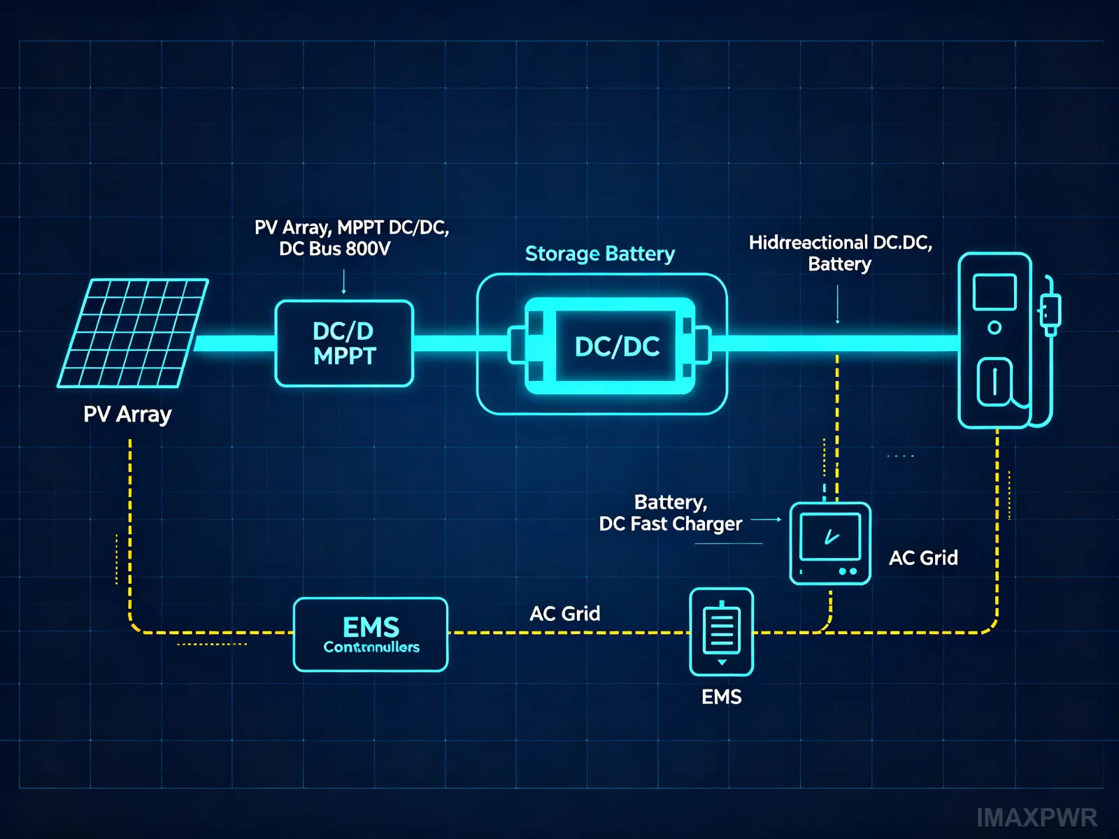 Electrical topology of common DC bus energy storage system showing PV array, MPPT DC/DC, battery with bidirectional DC/DC, DC fast charger, and centralized PCS connected to shared 800V DC bus