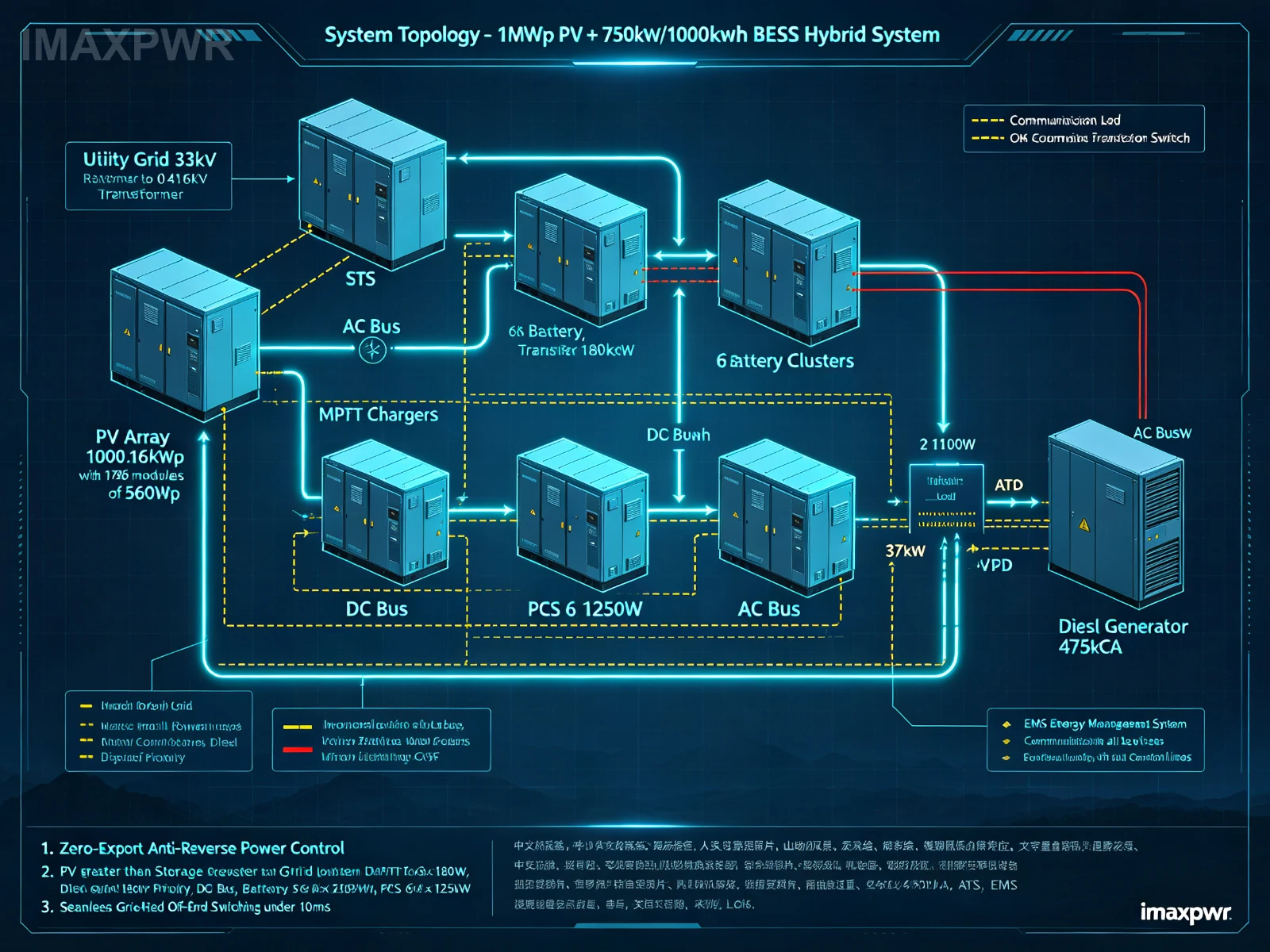 System topology of 1MWp PV plus 750kW 1000kWh BESS with STS ATS grid diesel dual source zero export for West Africa industrial plant
