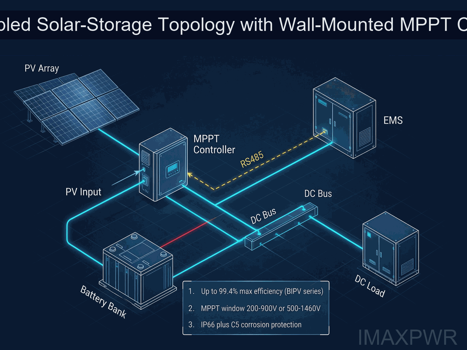 System topology of a DC-coupled solar-storage plant with PV strings, wall-mounted MPPT controller, battery bank and DC bus